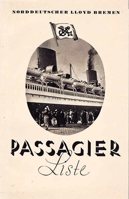 Front Cover of a First Class Passenger List from the SS Europa of the North German Lloyd, Departing 24 January 1936 from Bremen to New York via Southampton and Cherbourg