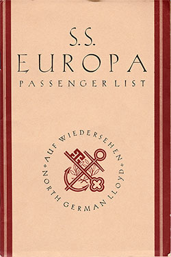 Front Cover of a Third Class Passenger List from the SS Europa of the North German Lloyd, Departing 19 June 1937 from New York to Bremen via Cherbourg and Southampton