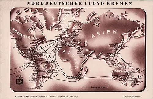 Back Cover, Route Map - North German Lloyd SS Europa Cabin Class Passenger List - 16 July 1937.