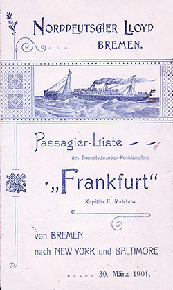 1901-03-30 Passenger Manifest for the SS Frankfurt