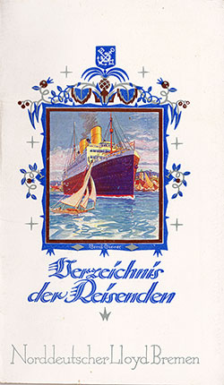 Front Cover of a Cabin Class Passenger List from the SS Karlsruhe of the North German Lloyd, Departing 26 July 1928 from Bremen to New York via Boulogne-sur-Mer and Southampton