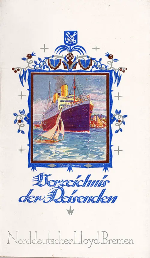 Front Cover of a Cabin Class Passenger List from the SS Karlsruhe of the North German Lloyd, Departing 26 July 1928 from Bremen to New York via Boulogne-sur-Mer and Southampton