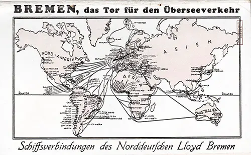 Global Route Map on the Back Cover of the North German Lloyd SS Karlsruhe Cabin Class Passenger List - 26 July 1928.