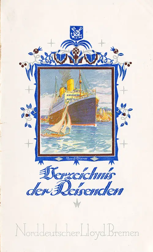 Front Cover of a Cabin Class Passenger List from the SS Sierra Ventana of the North German Lloyd, Departing 19 June 1926 from New York to Bremen via Plymouth and Cherbourg