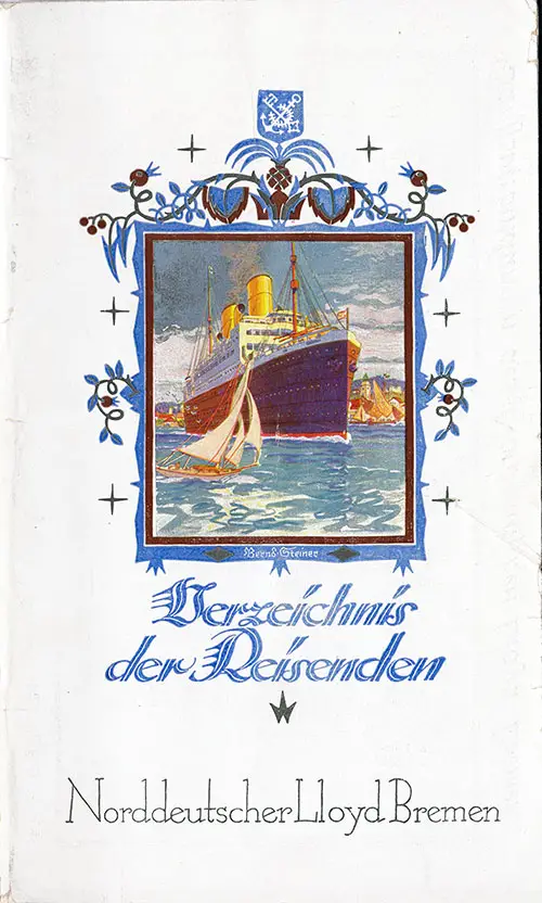 Front Cover of a Cabin Class Passenger List from the SS Stuttgart of the North German Lloyd, Departing 11 May 1927 from Bremen to New York via Southampton, Cherbourg, and Cobh (Queenstown)