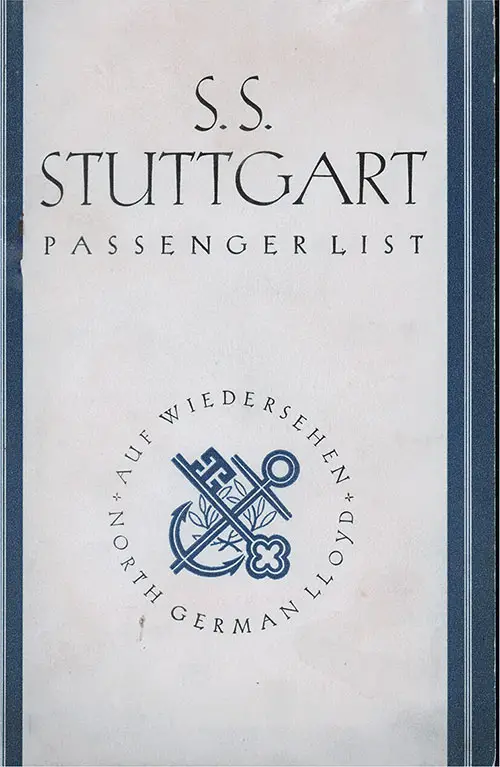 Front Cover, North German Lloyd SS Stuttgart Cabin Class Passenger List - 12 June 1930.