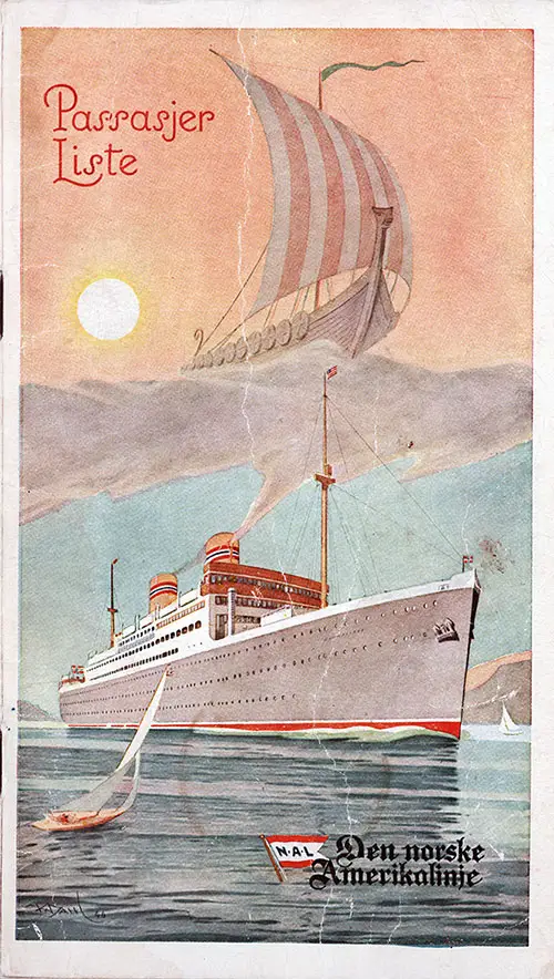 Front Cover of a First, Cabin, and Tourist Class Passenger List from the SS Stavangerfjord of the Norwegian-America Line, Departing 29 September 1954 from Oslo to New York via Kristiansand, Stavanger, and Bergen
