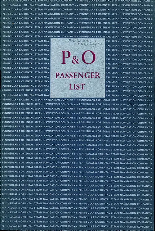 Front Cover, P & O RMS Strathmore First Class Passenger List - 24 August 1954.