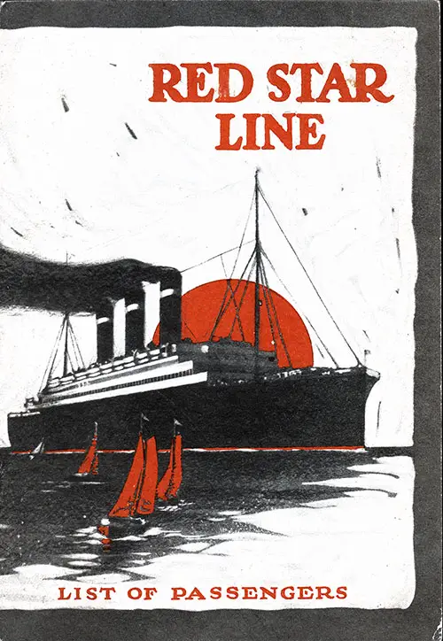 Front Cover, Red Star Line SS Belgenland Cabin Class Passenger List - 26 June 1926.
