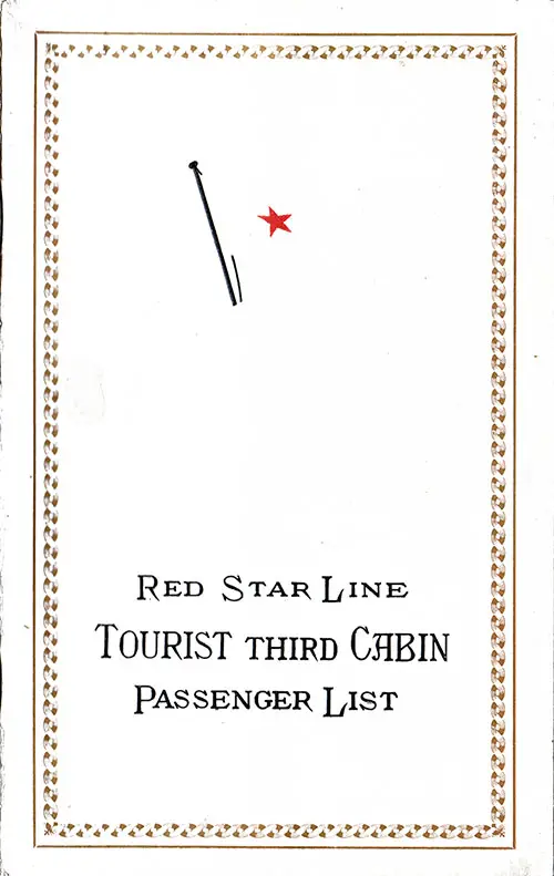 Front Cover, Red Star Line RMS Belgenland Tourist Third Cabin Passenger List - 3 September 1926.