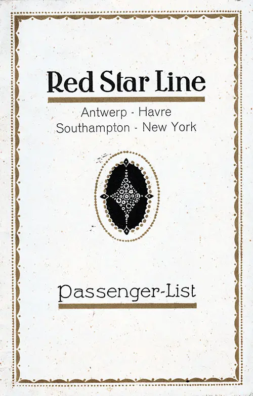 Front Cover, Red Star Line SS Pennland Cabin Class Passenger List - 26 August 1932.