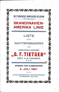 Passenger List, Skandinavien-Amerika Linie, SS C. F. Tietgen, 1907 Copenhagen til New York