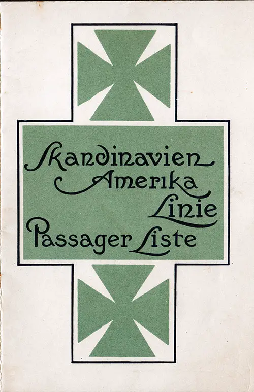 Front Cover, Scandinavian-American Line SS Oscar II Cabin Class Passenger List - 13 August 1914.