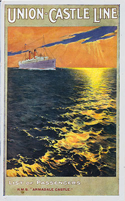 Front Cover of a First and Second Class Passenger List from the RMS Armadale Castle of the Union-Castle Line, Departing 12 November 1920 from Southampton to Natal via Madeira, Cape Town, Algoa Bay and East London