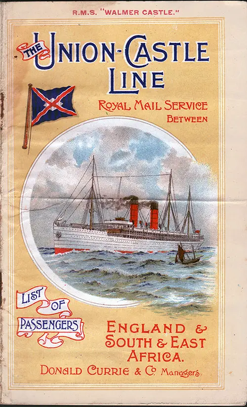 Front Cover, Union-Castle Line RMS Walmer Castle Cabin Class Passenger List - 15 July 1911.