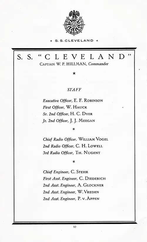 List of Senior Officers and Staff, Part 1 of 2, on the SS Cleveland for the Voyage of 8 May 1925.