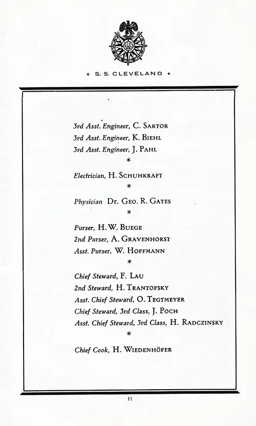 List of Senior Officers and Staff, Part 2 of 2, on the SS Cleveland for the Voyage of 8 May 1925.