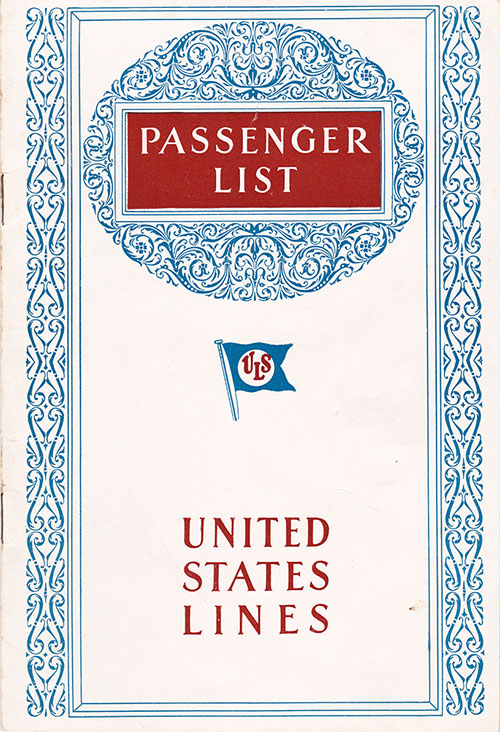 Front Cover of a Tourist Third Cabin Passenger List for the SS George Washington of the United States Lines, Departing 19 May 1928 from New York to Bremen via Plymouth and Cherbourg