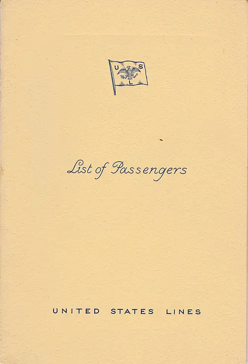 Front Cover of a Cabin Class Passenger List from the SS Manhattan of the United States Lines, Departing 10 April 1935 from Hamburg to New York via Southampton and Le Havre and Queenstown (Cobh)