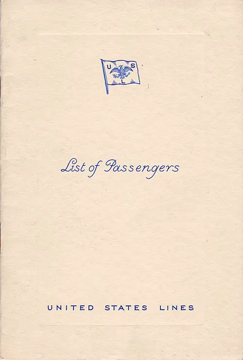 Front Cover of a Cabin Class Passenger List from the SS Manhattan of the United States Lines, Departing 31 July 1935 from Hamburg to New York via Le Havre and Southampton and Cobh