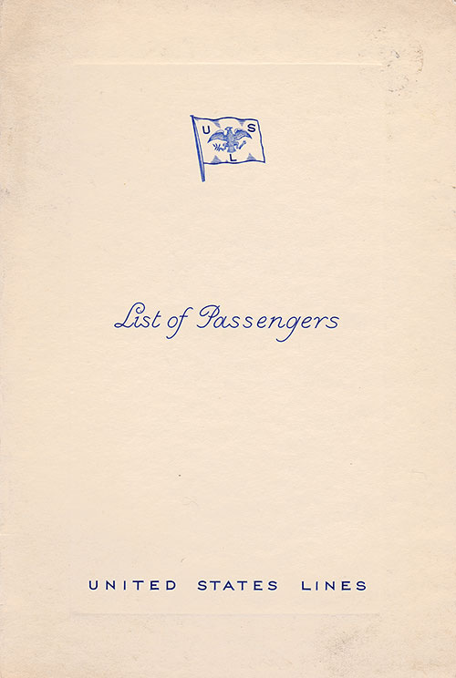 Front Cover of a Cabin Class Passenger List from the SS President Roosevelt of the United States Lines, Departing 28 May 1935 from Hamburg to New York via Le Havre, Southampton, and Cobh