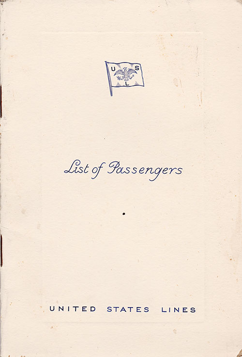 Front Cover, Passenger List, 1938-08-31 SS President Roosevelt, United States Lines