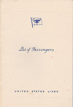 Front Cover of a Tourist Class Passenger List from the SS Washington of the United States Lines, Departing 29 December 1933 from Hamburg to New York via Le Havre, Southampton, and Queenstown (Co