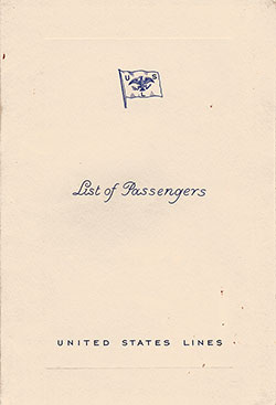 Front Cover of a Tourist Class Passenger List from the SS Washington of the United States Lines, Departing 15 August 1934 from Hamburg to New York via Le Havre, Southampton, and Queenstown (Cobh)