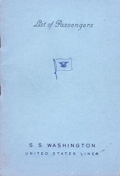 Front Cover of a Cabin Class Passenger List from the SS Washington of the United States Lines, Departing 10 January 1951 from New York to Hamburg via Cobh, Southampton, Le Havre and Bremerhaven