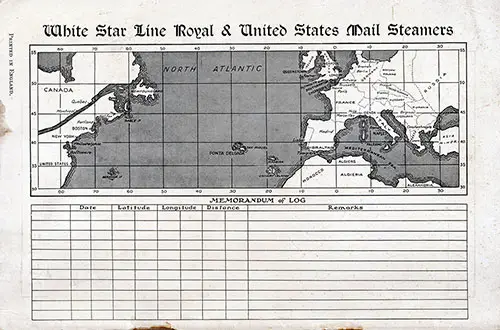 Track Chart and Memorandum of Log (Unused). SS Adriatic Passenger List, 8 February 1929.