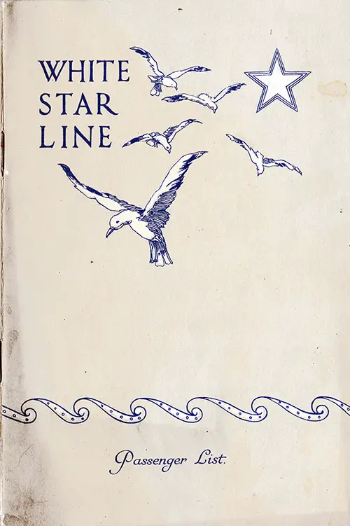Front Cover, Tourist Class Passenger List from the SS Adriatic of the White Star Line, Departing Friday, 8 February 1929 from Alexandria to New York