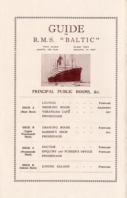 White Star Line SS Baltic Guide to Principal Public Rooms