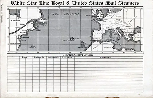Track Chart and Memorandum of Log (Unused) from an RMS Baltic Cabin Passenger List, 14 June 1930.
