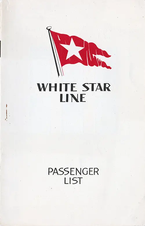 Front Cover, White Star Line RMS Baltic Cabin Class Passenger List - 31 July 1931.