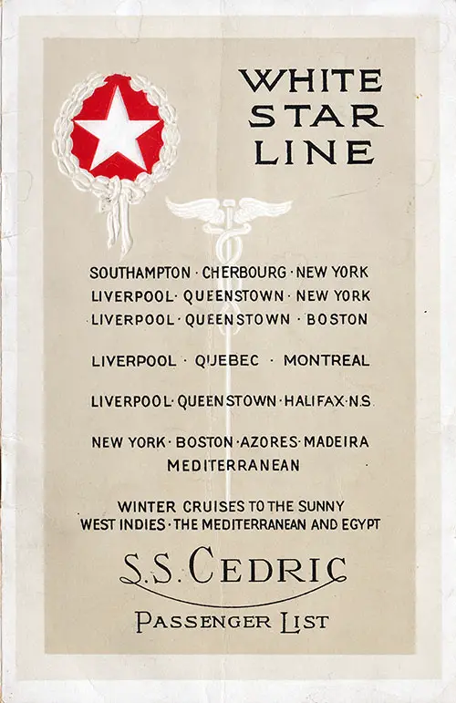 Front Cover, White Star Line RMS Cedric Cabin Class Passenger List - 24 March 1928.