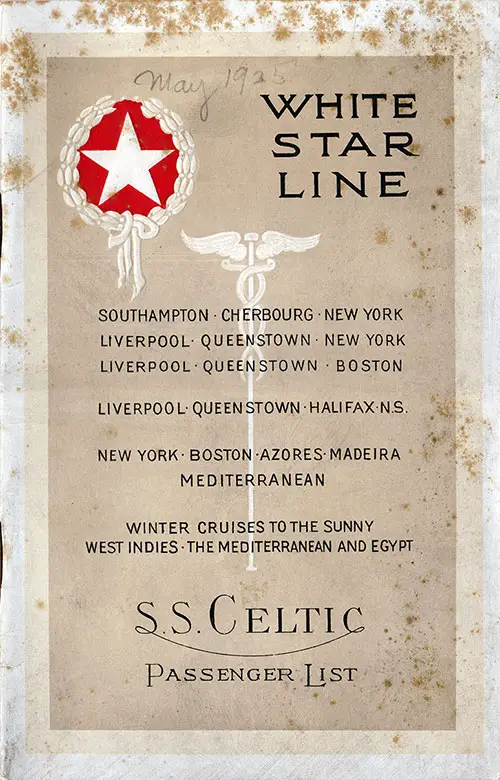 Front Cover, White Star Line RMS Celtic First Class Passenger List - 30 May 1925. 