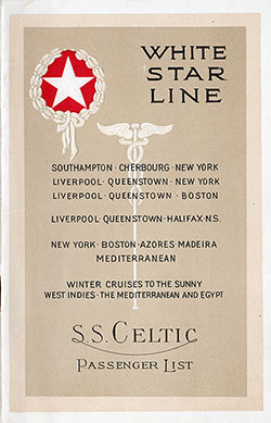 Passenger Manifest, White Star Line RMS Celtic - 1926-04-24