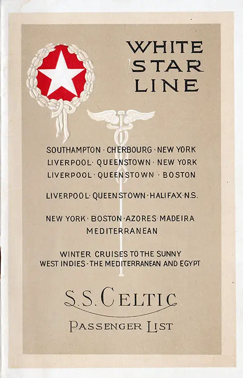 Front Cover, White Star Line RMS Celtic First Class Passenger List - 24 April 1926.