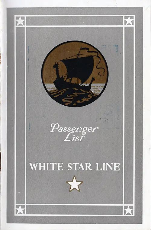 Front Cover, White Star Line RMS Doric Cabin and Tourist Class Passenger List - 22 August 1930.