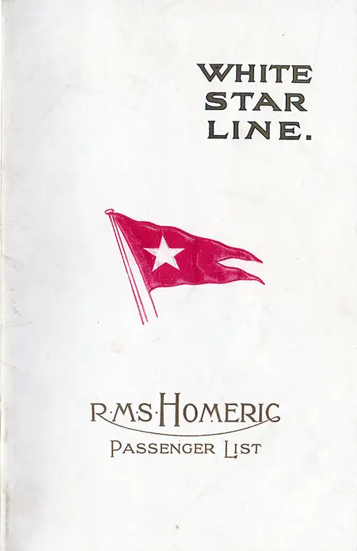 Front Cover, White Star Line RMS Homeric First Class Passenger List - 27 May 1925.