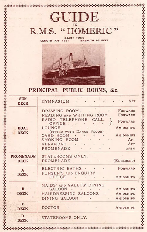 Guide for First Class Passengers to Principal Public Spaces on the RMS Homeric, 1930.