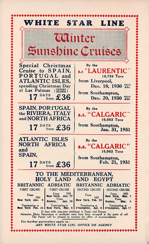 Advertisement: White Star Line Winter Sunshine Cruises, 1930-1931.