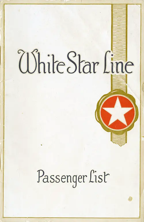 Front Cover, White Star Line RMS Laurentic Cabin Class Passenger List - 14 September 1928.