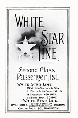 Front Cover, White Star Line RMS Olympic Second Class Passenger List - 8 September 1920.