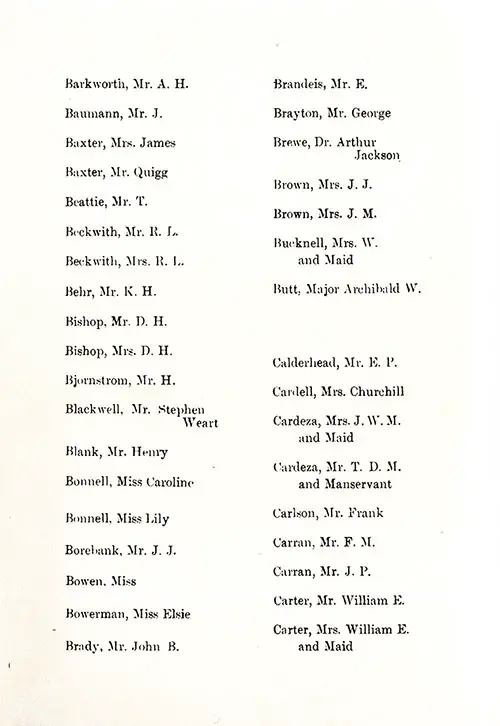 Page 4 of the First Class Passenger List, Listing Passengers Mr. A. H. Barkworth through Mrs. William E. Carter and Maid