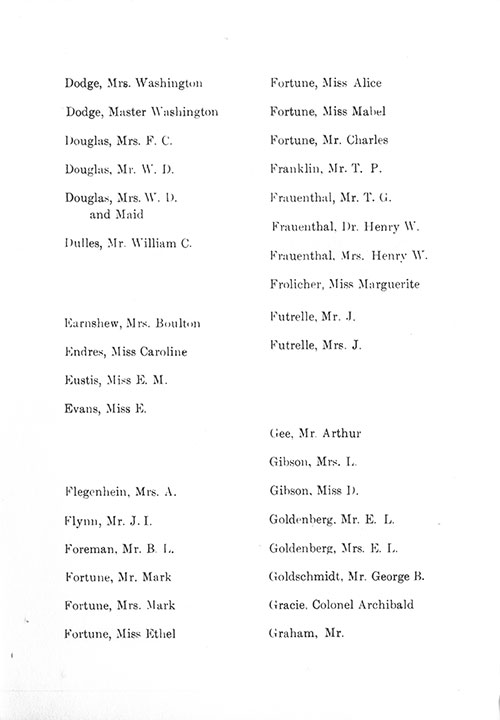 Page 6 of the First Class Passenger List, Listing Passengers Mrs. Washington Dodge through Mr. Graham