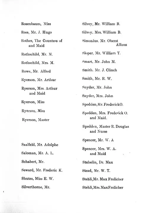 Page 10 of the First Class Passenger List, Listing Passengers Miss Rosenbaum through Mrs. Max Frolicher Stehli