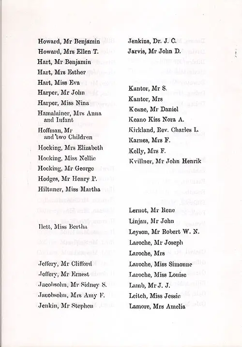 Page 6 of the Second Class Passenger List, Listing Passengers from Mr. Benjamin Howard to Mrs. Amelia Lamore