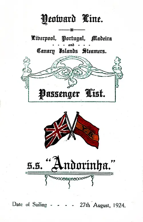 Front Cover, Yeoward Line SS Andorinha Tourist Passenger List - 27 August 1924.