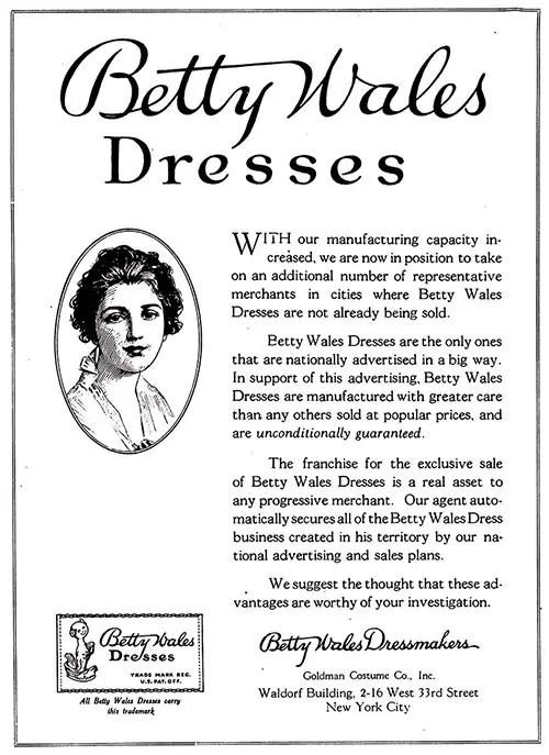 1919 Print Advertisement for Betty Wales Dressmakers of Goldman Costume Co., Inc., New York. The American Cloak and Suit Review, January 1919.